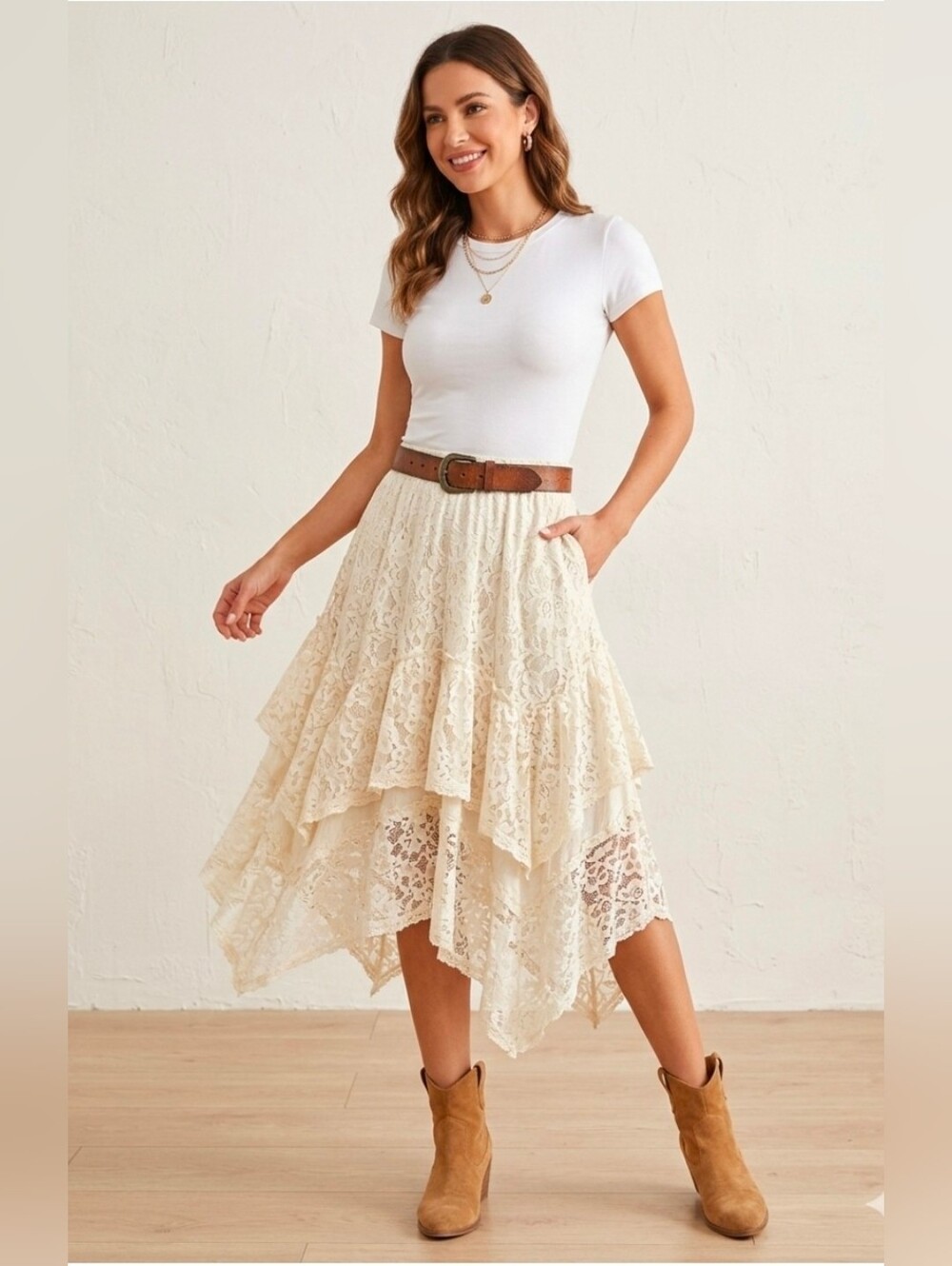 Rareraw Failrycore Asymmetrical Lace Skirt In Cream, Medium